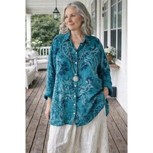New Direction Italian Linen Blouse Paisley Teal Blue Button Front Size XL